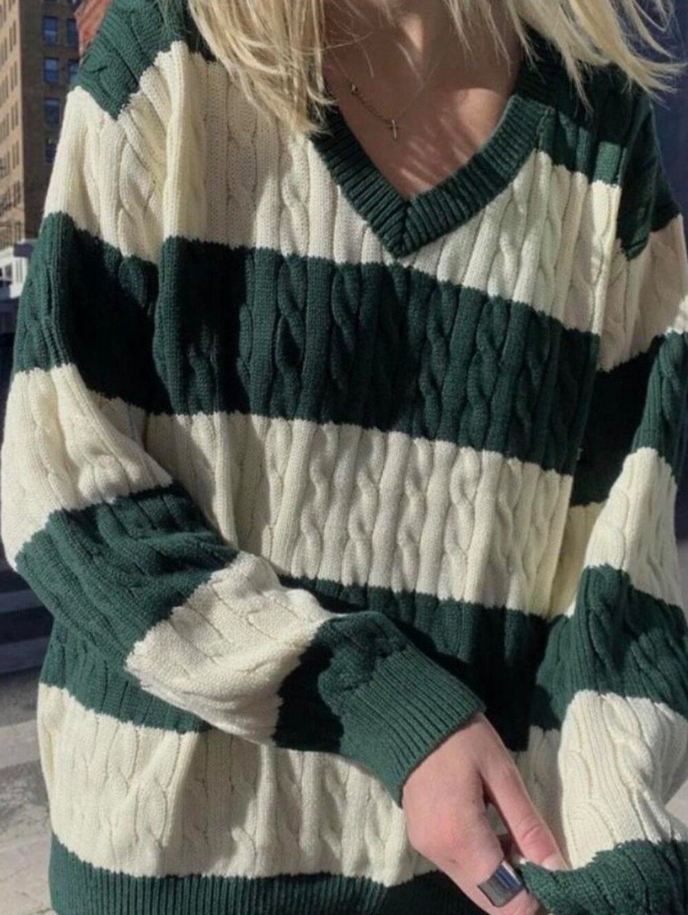 BRANDY MELVILLE - V-NECK KNITTED SWEATER (GREEN & WHITE STRIPE)